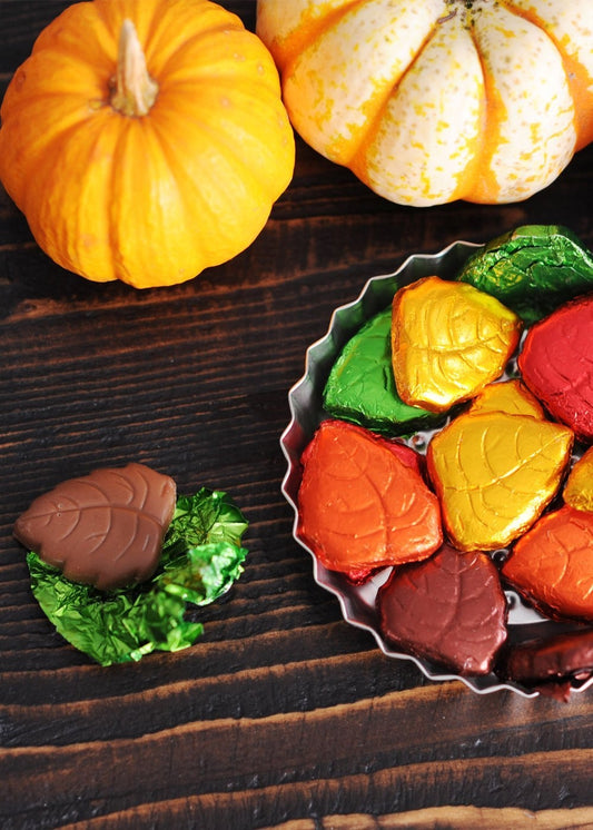 Chocolate mini leaves, foiled. One pound bag.
